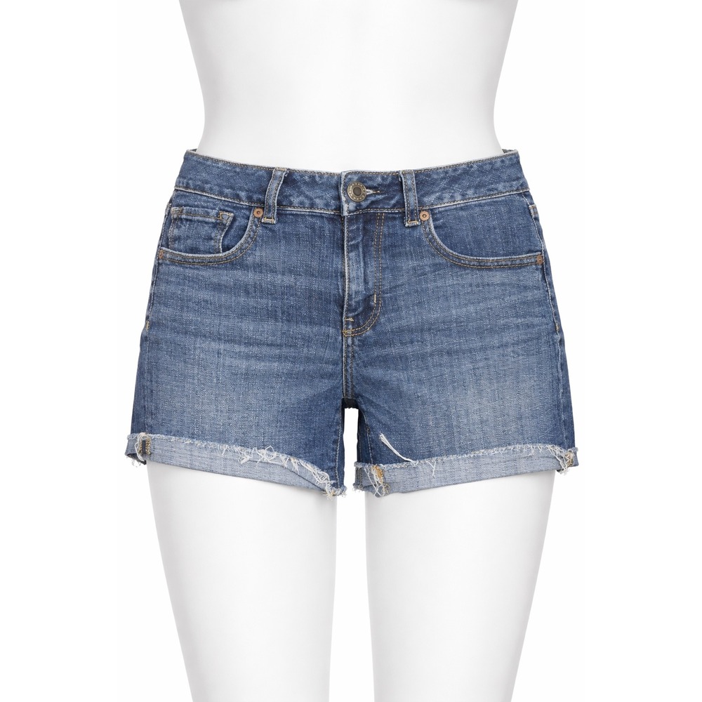 American Eagle Size 6 Midi Super Stretch Cutoff Denim Shorts Medium Wash AEO